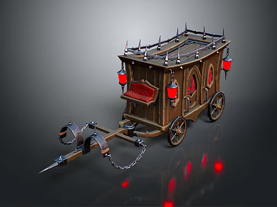 Medieval Wooden Spiked Carriage With Red Lanterns Wheels And Decorative Chains 3d model