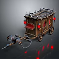 Medieval Wooden Spiked Carriage With Red Lanterns Wheels And Decorative Chains