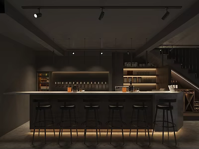 Industrial Style Bar Interior Featuring Bar Counter High Stools Wine Shelves And Ceiling Lighting 3d model