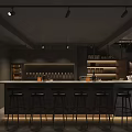 Industrial Style Bar Interior Featuring Bar Counter High Stools Wine Shelves And Ceiling Lighting