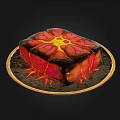 Sliced Lava Cake With Oozing Red And Yellow Center On Golden Rimmed Plate