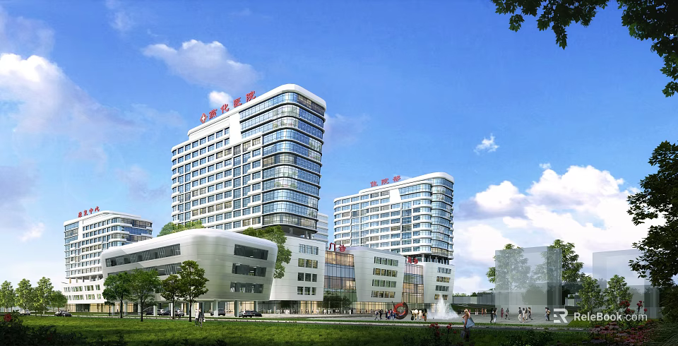 Modern Hospital Buildings With Glass Facade Green Lawn Trees And Fountain 3d model 