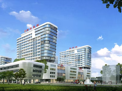 Modern Hospital Buildings With Glass Facade Green Lawn Trees And Fountain 3d model