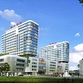 Modern Hospital Buildings With Glass Facade Green Lawn Trees And Fountain
