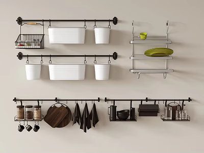 Organized Kitchen Wall Mounted Racks with Cooking Utensils Containers Plates Knives and Mugs 3d model