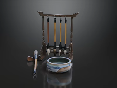 Chinese Traditional Writing Brushes On Wooden Holder With Ceramic Ink Stone 3d model