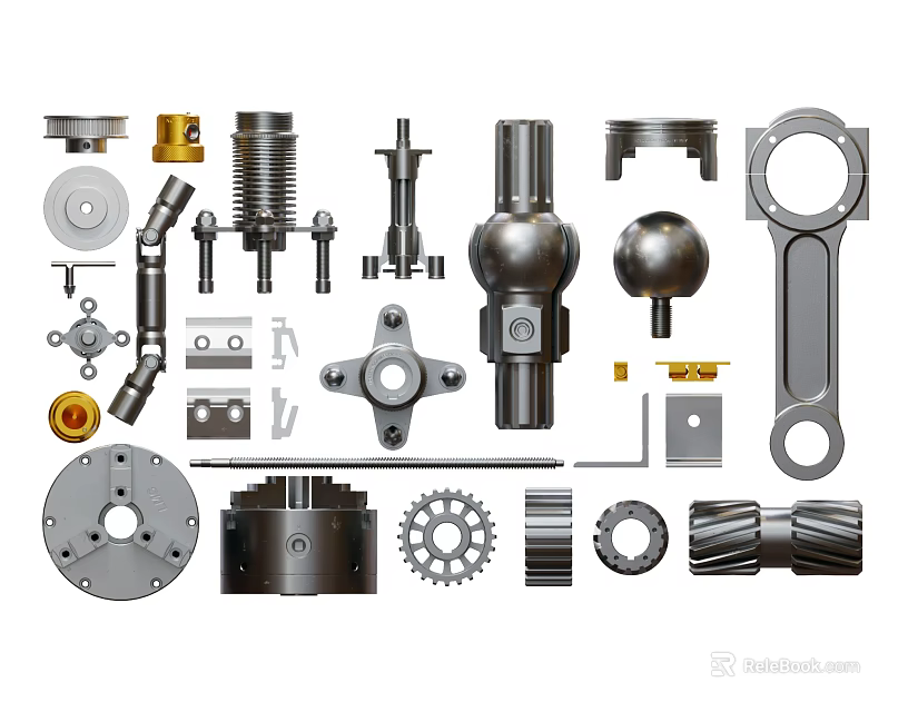 Assorted Mechanical Parts Collection Including Gears Shafts Bearings Flanges And Bolts 3d model 