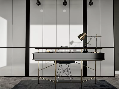 Modern Minimalist Desk With Metal Frame Table Lamp And Chair Setup 3d model