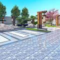 Garden Landscape With Parking Area Greenery Trees And Paved Ground Design 3d model