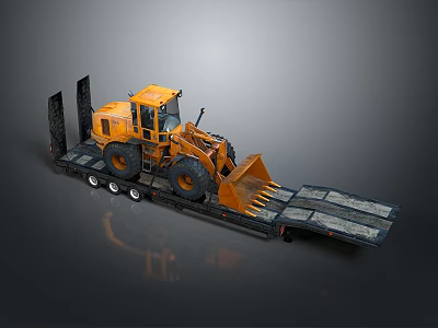 Yellow Utility Vehicle Loader Transported on Flatbed Trailer with Loading Ramps 3d model