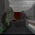 Modern Hotel Lobby Featuring Red Circular Decor Gray Marble Floor Reception Desk Plants Beverage Cooler