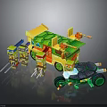 Colorful Building Block Characters And Turtle Creature With Bus Structure And Accessories