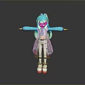 Game Anime Character With Blue Hair Transparent Coat White Pink Outfit Extended Arms