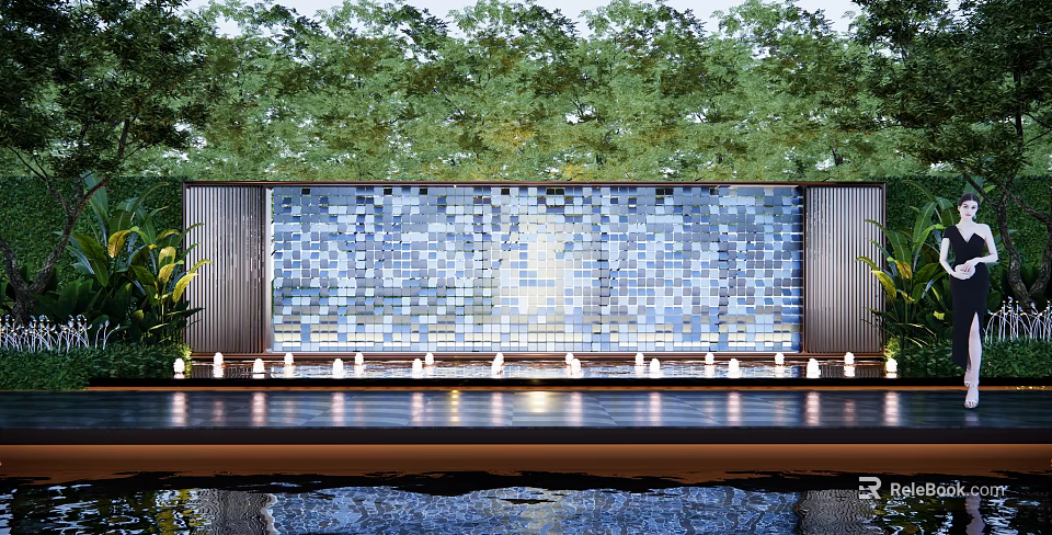 Blue Mosaic Tile Feature Wall With Front Fountains And Green Trees Background 3d model 