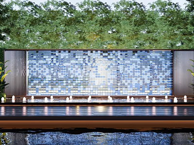 Blue Mosaic Tile Feature Wall With Front Fountains And Green Trees Background 3d model