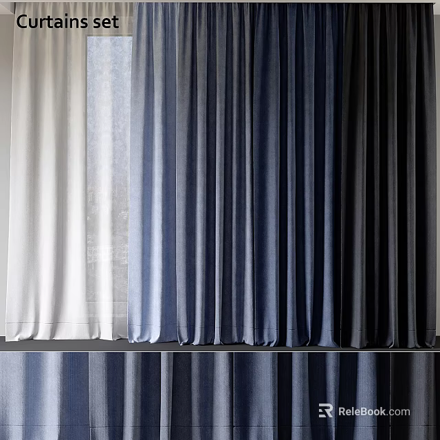 Soft Fabric Curtains Featuring White Light Blue Dark Blue And Gray Color Tones 3d model 