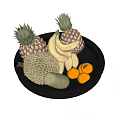 Assorted Fresh Fruits Including Pineapples Bananas Durian Honeydew Melon And Oranges On Black Plate