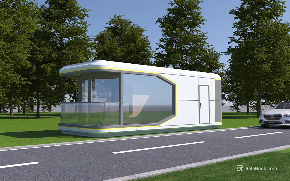 Modern Boutique Guesthouse Building With Glass Facade Green Surroundings And Roadside Setting 3d model 