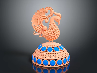 Exquisite Peacock Design Jewelry With Orange Body Blue Gemstones And Layered Decorative Base 3d model
