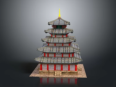 Ancient Multi story Pagoda with Traditional Roof Overhanging Eaves and Yellow Ornament 3d model