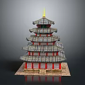 Ancient Multi story Pagoda with Traditional Roof Overhanging Eaves and Yellow Ornament