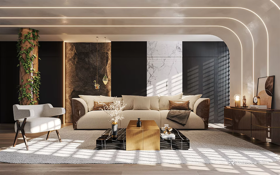 Modern Living Room Interior With Beige Sofa Coffee Table Green Plants And Sunlight 3d model 