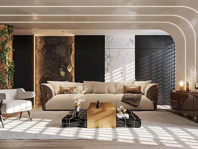 Modern Living Room Interior With Beige Sofa Coffee Table Green Plants And Sunlight 3d model