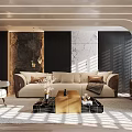 Modern Living Room Interior With Beige Sofa Coffee Table Green Plants And Sunlight
