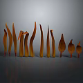 Vibrant Orange Plant Stems with Slender Curved Shapes Arranged in a Row Against Dark Background