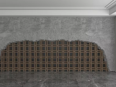 Gray Background Wall With Arched Wooden Grid Design And Polished Marble Floor 3d model