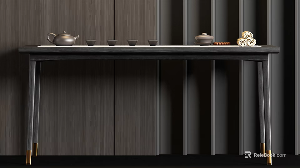 Modern Console Table With Teapot Teacups Tea Caddy And Tea Rolls On Dark Striped Wall 3d model