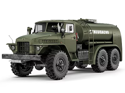 Green Ural Military Heavy Duty Multi Wheel Tanker Truck with Large Tires 3d model