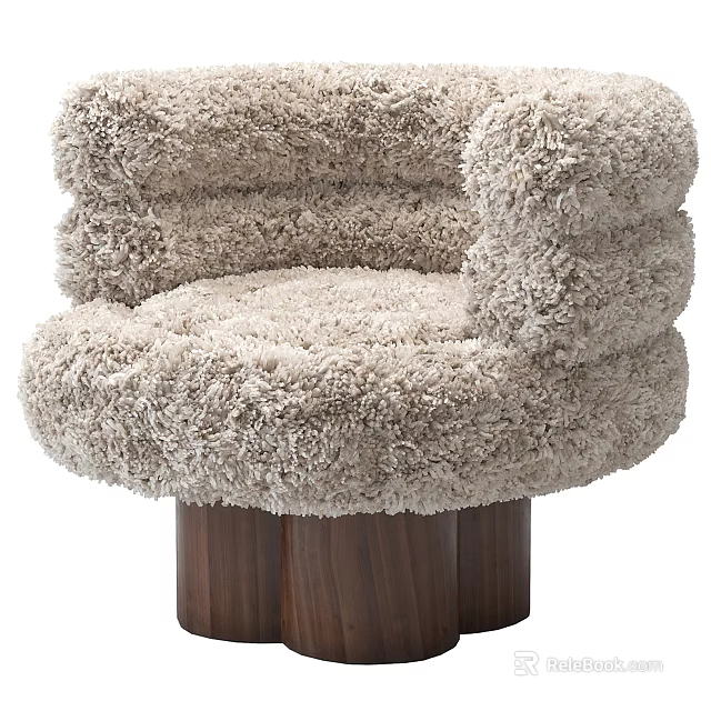 Cozy Plush Beige Armchair With Fluffy Upholstery And Solid Wooden Base 3d model 