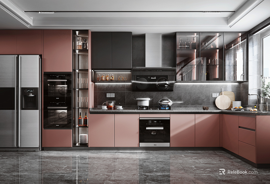 Modern Kitchen With Pink Black Cabinets Stainless Steel Appliances And Marble Countertop 3d model 