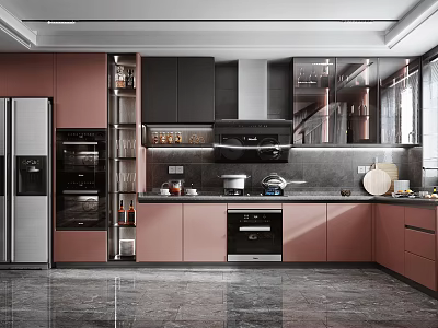 Modern Kitchen With Pink Black Cabinets Stainless Steel Appliances And Marble Countertop 3d model