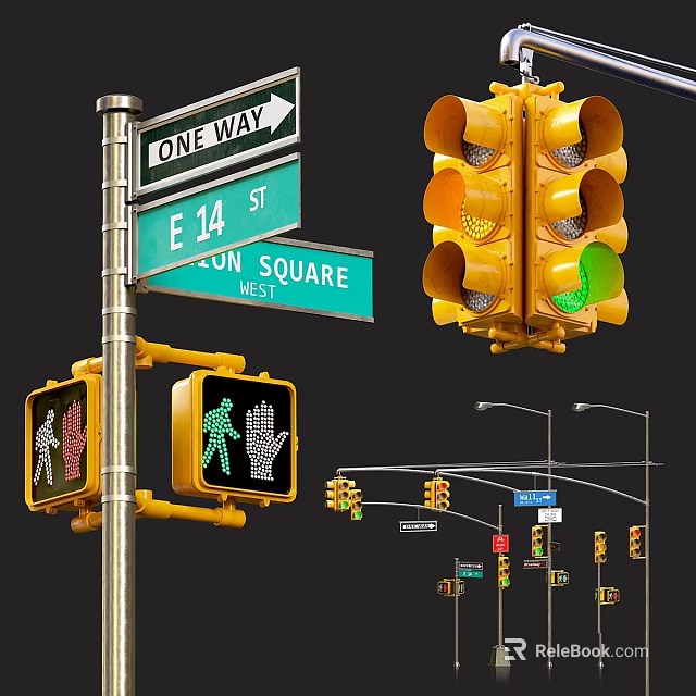Traffic Lights And Street Signs At E 14 St UN Square With Pedestrian Signals 3d model 