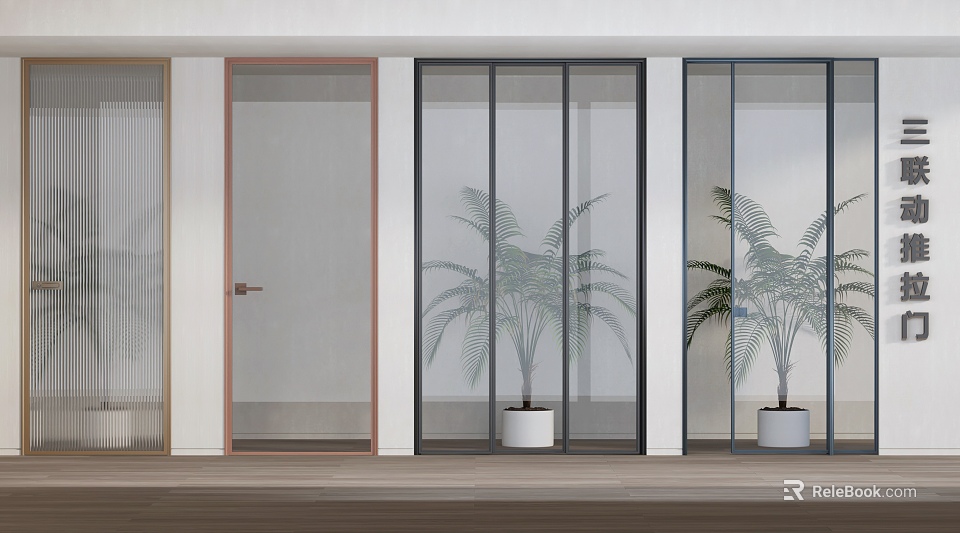Modern Sliding Doors With Glass Panels And Potted Plants In Interior Design 3d model 