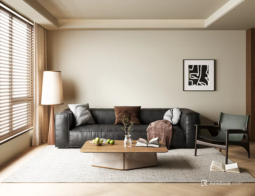 Modern Living Room Interior Design With Leather Sofa Coffee Table And Wall Art 3d model 