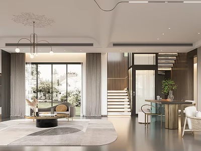 Modern Minimalist Bright Open Plan Living And Dining Room With Elegant Comfortable Home Furnishings 3d model