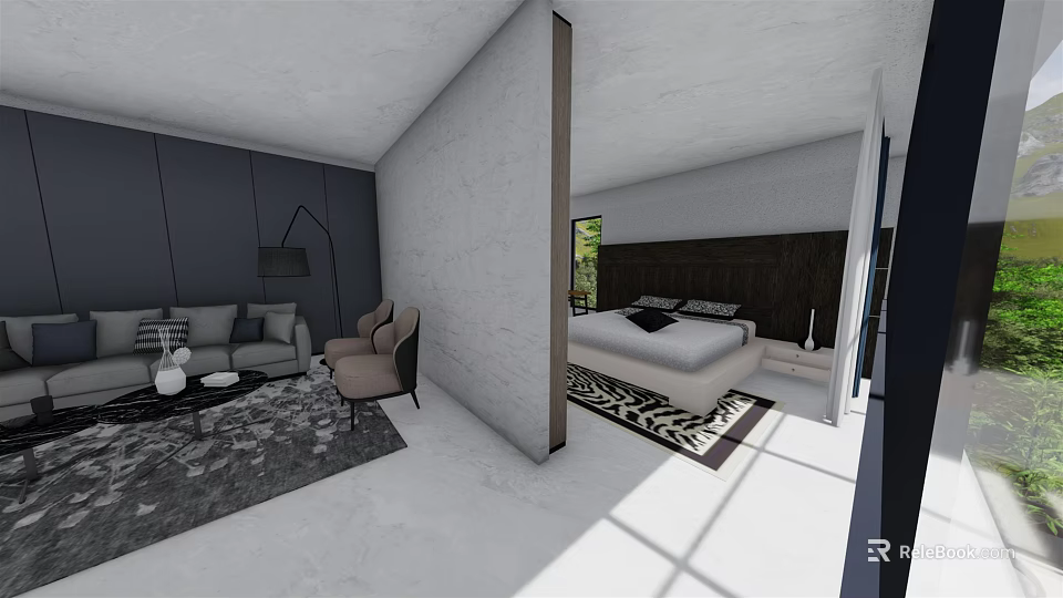 Modern Minimalist Hotel Guest Room With Sofa Chair Bed Open Layout And Black White Rug 3d model 