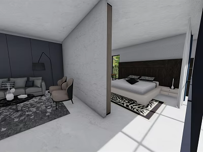 Modern Minimalist Hotel Guest Room With Sofa Chair Bed Open Layout And Black White Rug 3d model
