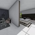 Modern Minimalist Hotel Guest Room With Sofa Chair Bed Open Layout And Black White Rug