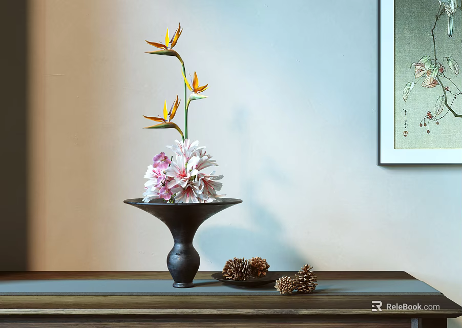 Vase With Pink White Flowers Yellow Bird Of Paradise Pine Cones On Table With Painting 3d model 