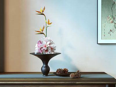 Vase With Pink White Flowers Yellow Bird Of Paradise Pine Cones On Table With Painting 3d model
