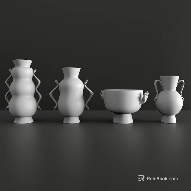 White Ceramic Vases With Unique Shapes Displayed On Dark Background Tabletop 3d model 