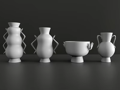 White Ceramic Vases With Unique Shapes Displayed On Dark Background Tabletop 3d model
