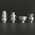 White Ceramic Vases With Unique Shapes Displayed On Dark Background Tabletop 3d model