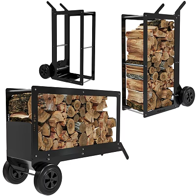 Stone and Wood Firewood Storage Racks with Metal Frames and Wheels 3d model