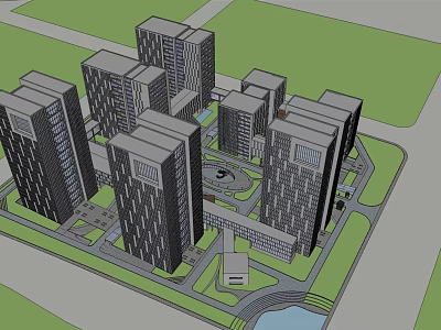 Modern High Rise Office Buildings With Central Plaza Green Spaces And Water Feature 3d model