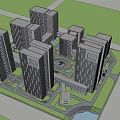 Modern High Rise Office Buildings With Central Plaza Green Spaces And Water Feature